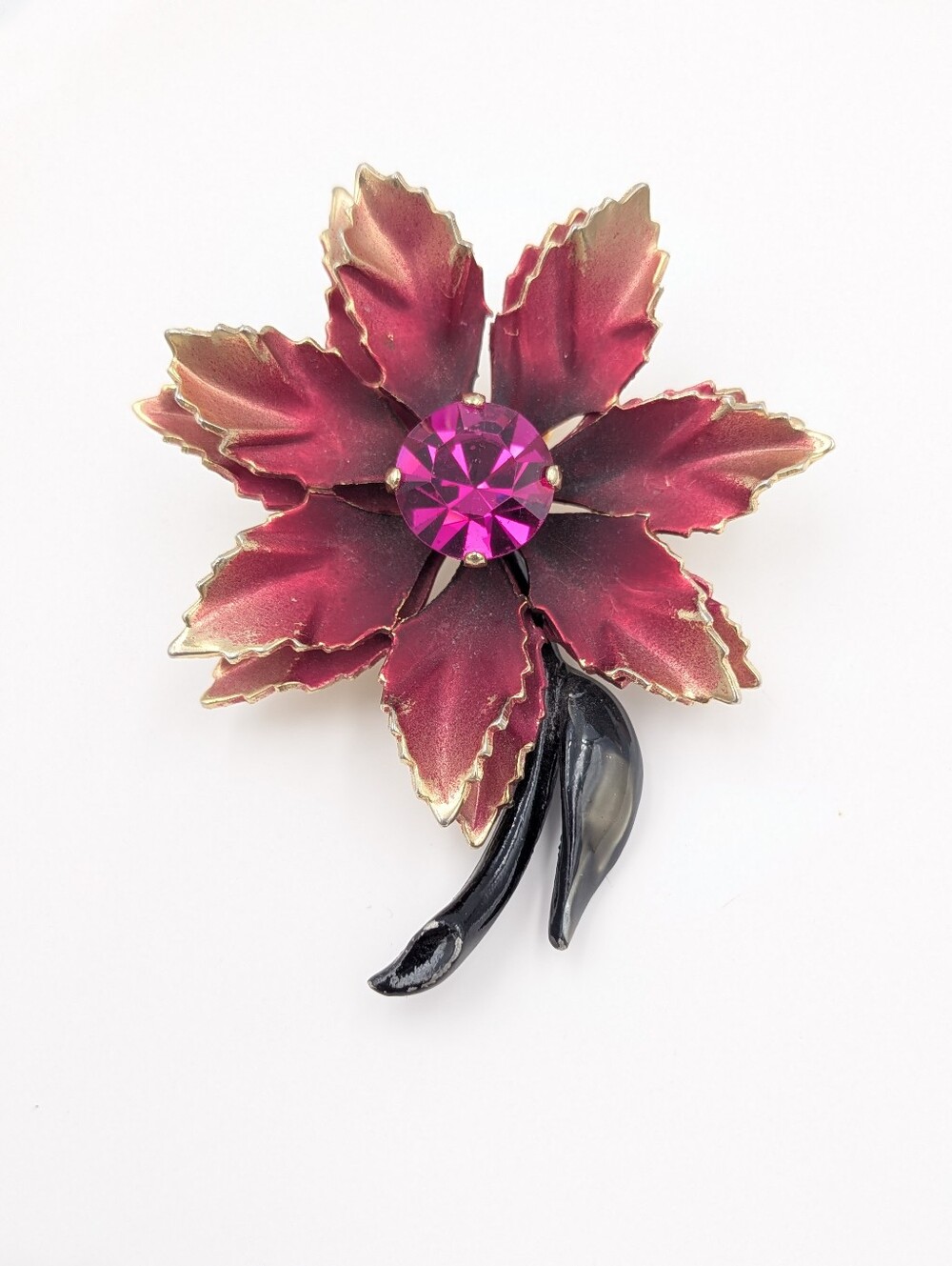 Vintage pink gold tone enamel rhinestone flower brooch pin
